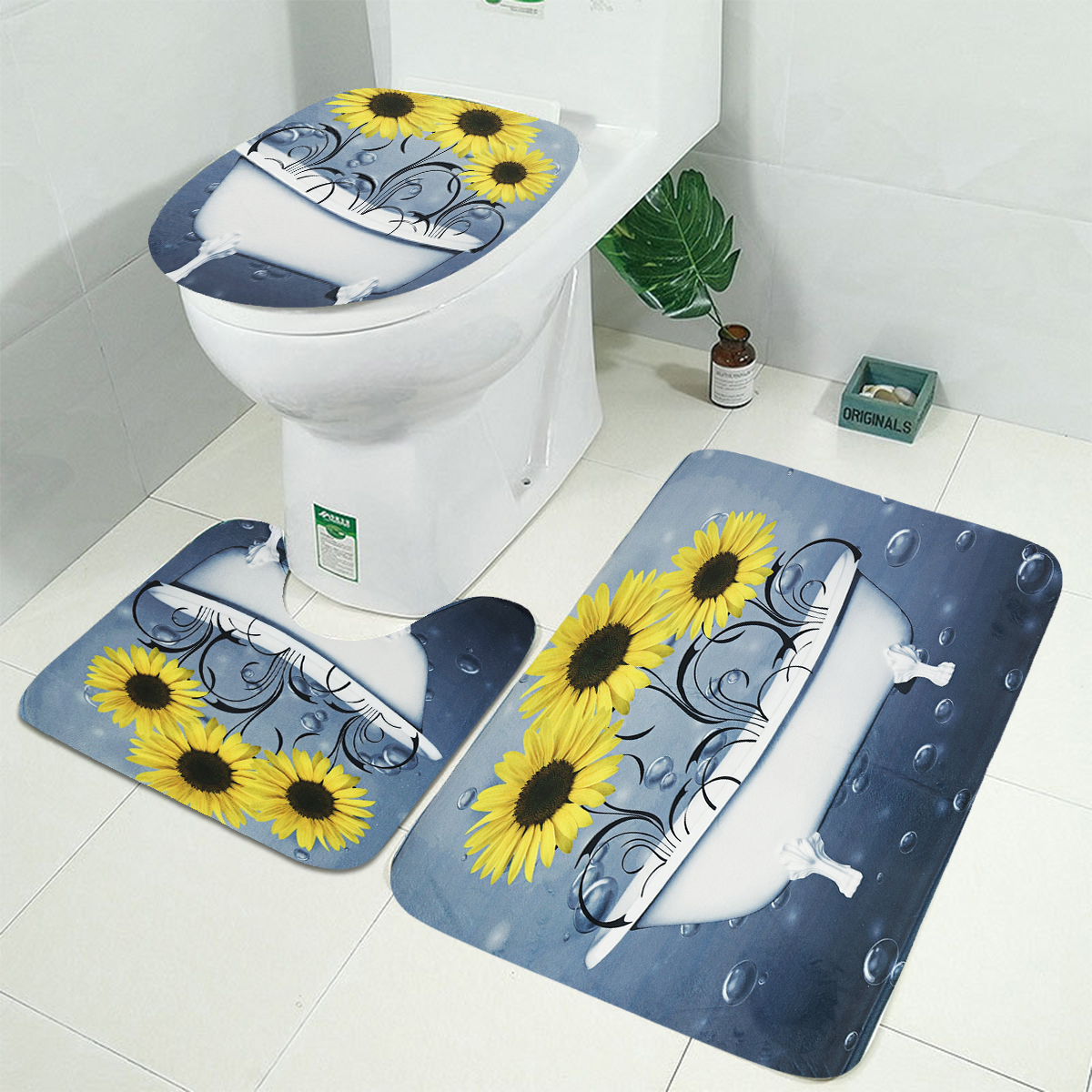 Sunflower-Shower-Curtain-Non-Slip-with-Free-Hooks-Waterproof-Fabric-Bathroom-Set-1821914-4