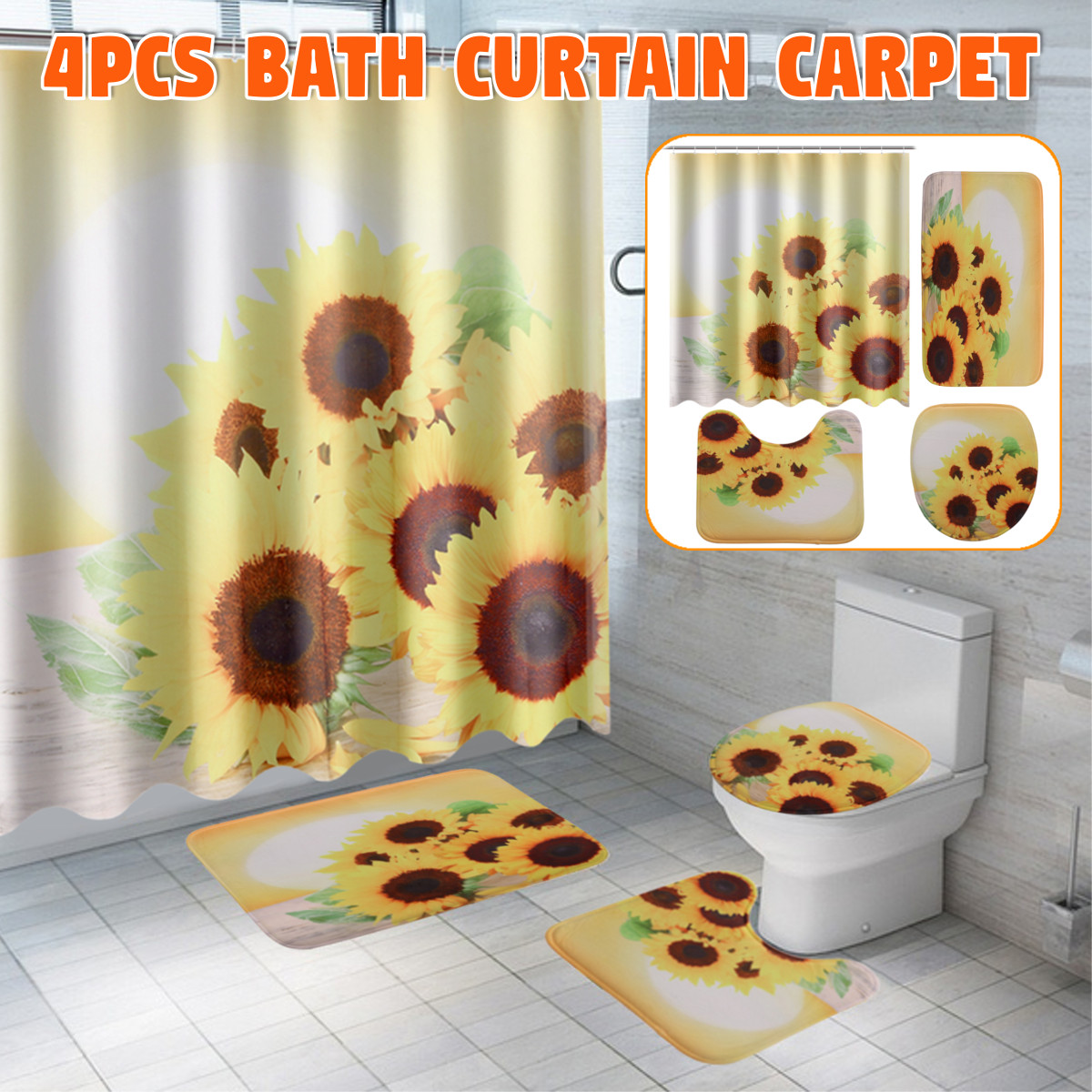 Sunflower-Waterproof-Shower-Curtain-Toilet-Lid-Cover-Bathroom-Non-slip-Mat-Set-1814616-1