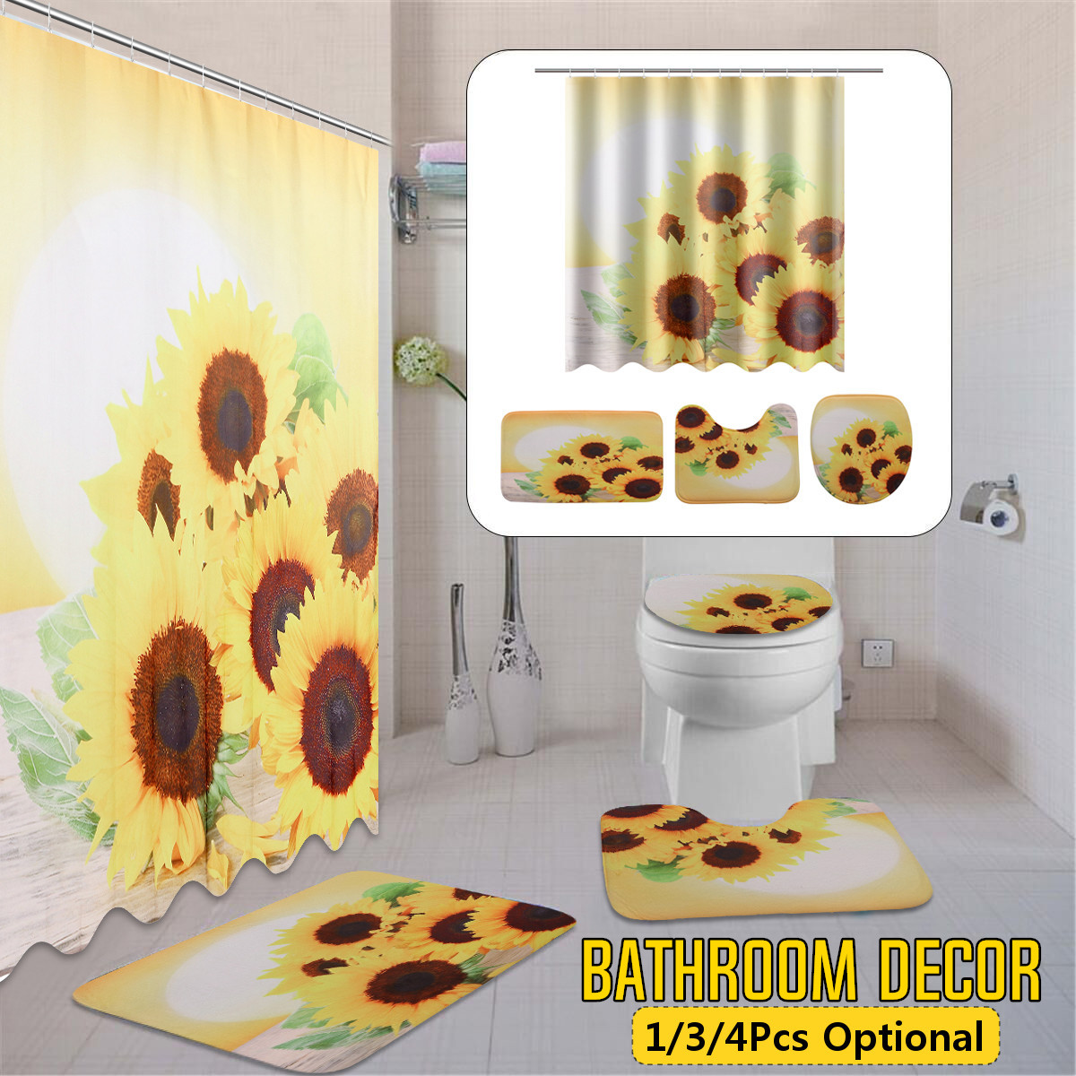 Sunflower-Waterproof-Shower-Curtain-Toilet-Lid-Cover-Bathroom-Non-slip-Mat-Set-1814616-2