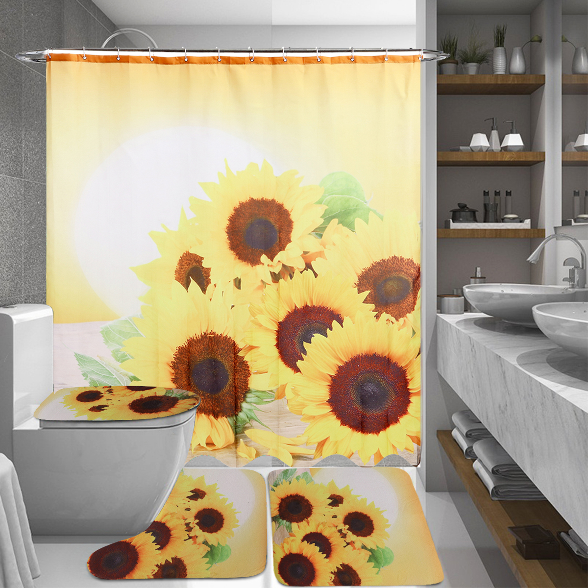 Sunflower-Waterproof-Shower-Curtain-Toilet-Lid-Cover-Bathroom-Non-slip-Mat-Set-1814616-4