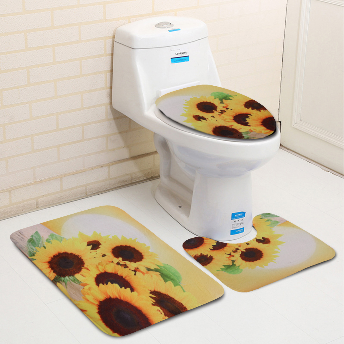 Sunflower-Waterproof-Shower-Curtain-Toilet-Lid-Cover-Bathroom-Non-slip-Mat-Set-1814616-5