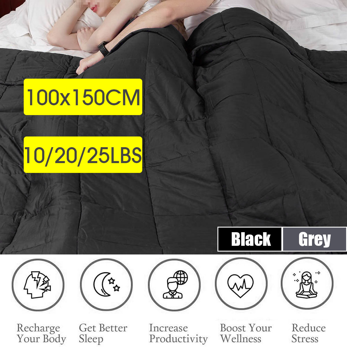 100x150CM-Weighted-Cotton-Blanket-Heavy-Sensory-Relax-45--7--95Kg-Black-Blankets-1349469-2
