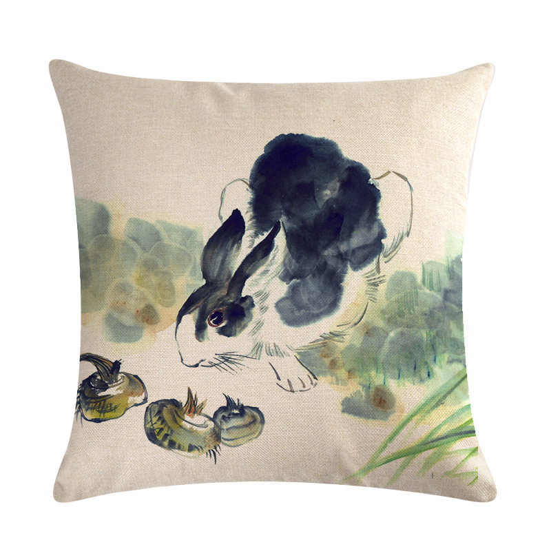 Chinese-Watercolor-Rabbit-Printing-Linen-Cotton-Throw-Pillow-Cover-Home-Sofa-Office-Seat-Pillow-Case-1513917-3