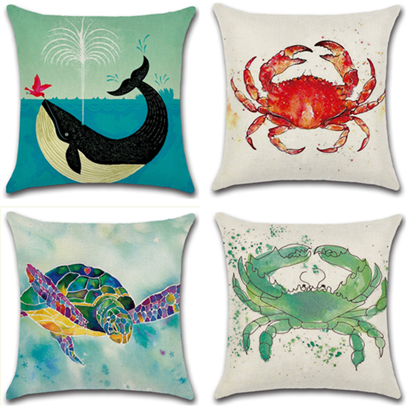 Sea-Turtle-Crab-Whale-Cotton-Linen-Cushion-Cover-Cartoon-Color-Water-Printed-Square-Pillow-Case-1376476-2