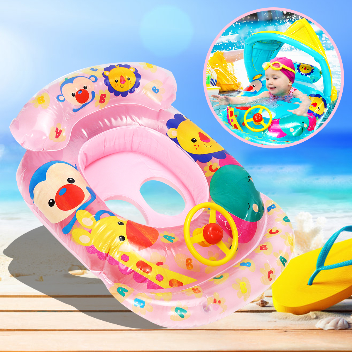 Inflatable-Sunshade-Kids-Float-Seat-Boat-Children-Swim-Swimming-Ring-Pool-Water-1568945-1