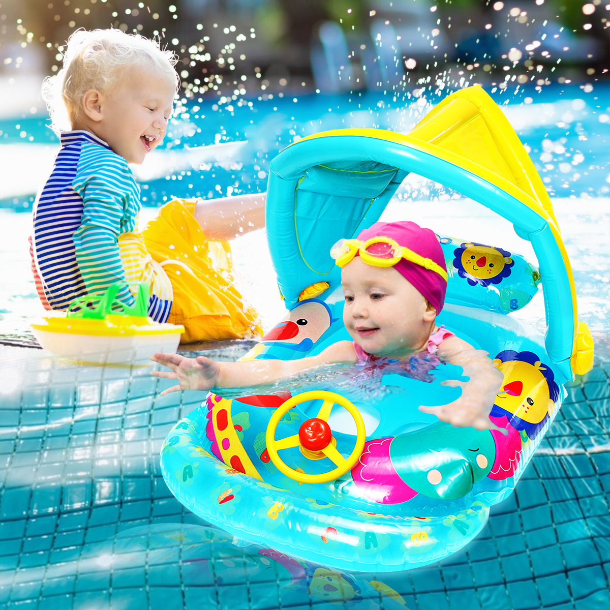 Inflatable-Sunshade-Kids-Float-Seat-Boat-Children-Swim-Swimming-Ring-Pool-Water-1568945-2