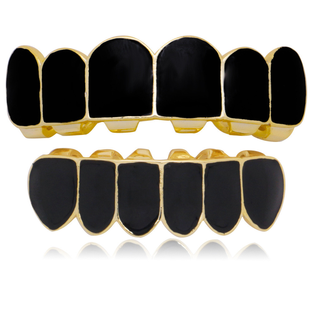 Punk-Black-Matte-Braces-Hiphop-Grillz-Gold-Plated-Dentures-Set-Teeth-Jewelry-1548592-2