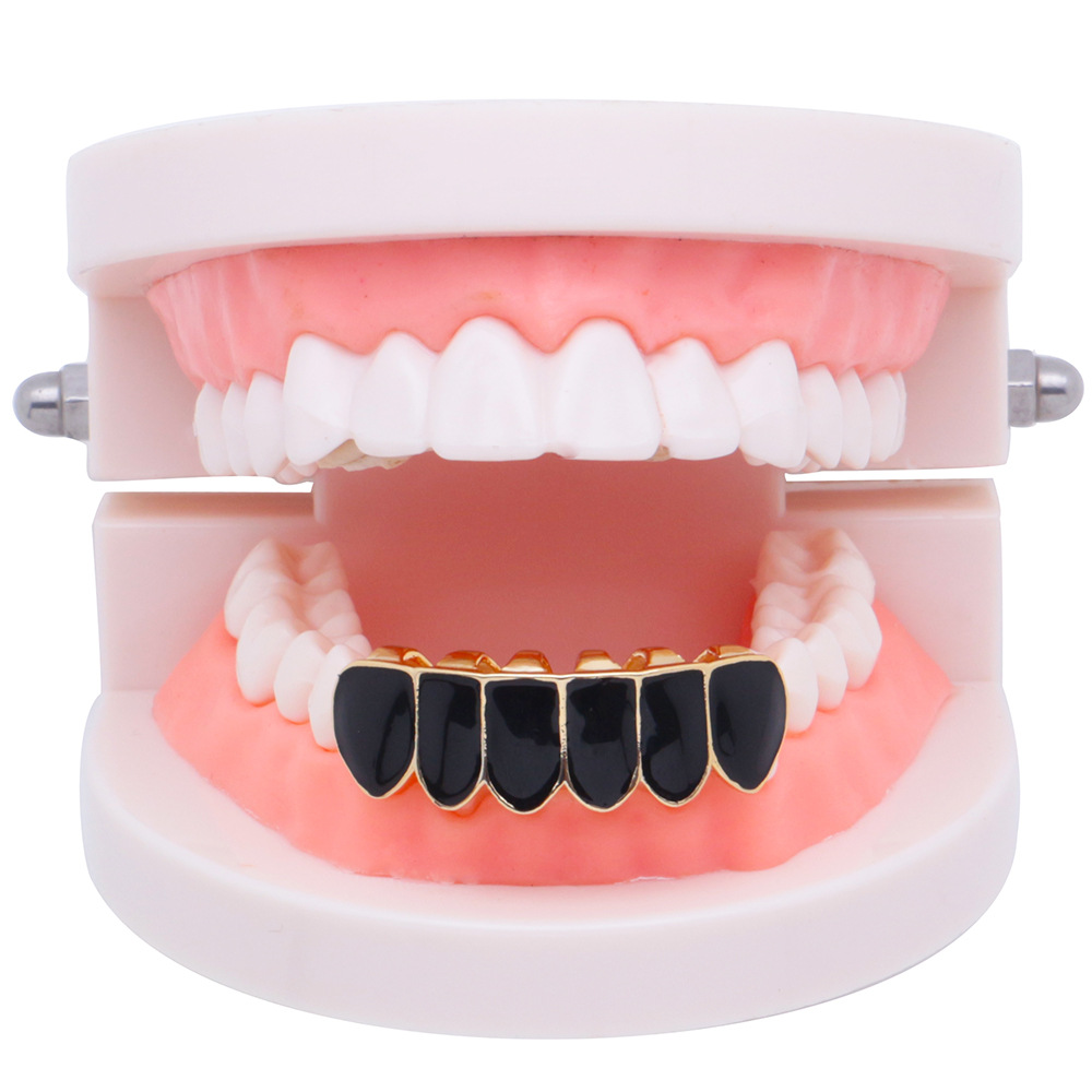 Punk-Black-Matte-Braces-Hiphop-Grillz-Gold-Plated-Dentures-Set-Teeth-Jewelry-1548592-6