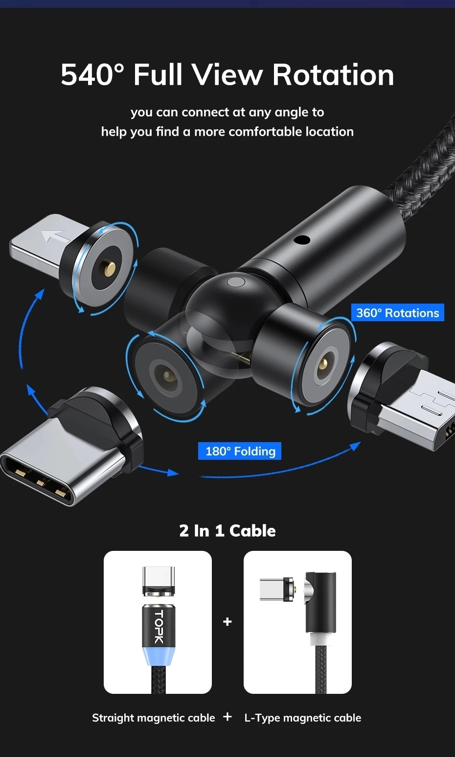 2Pcs-Black-TOPK-AM68-3-In-1-Magnetic-Cable-540deg-Rotation-Elbow-LED-Indicator-Fast-Charging-Data-Tr-1843192-2