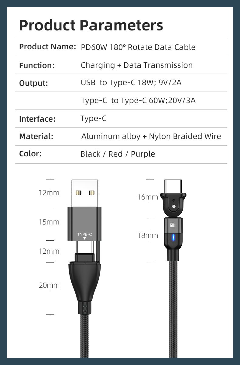 Bakeey-USB-Type-C-to-Type-C-2-in-1-180-Degree-Spin-PD-60WQC30-Fast-Charging-Cable-for-iPhone-12-12-P-1884746-15