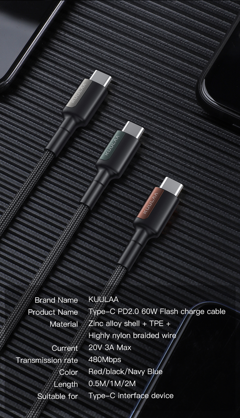 KUULAA-3A-60W-Type-C-to-Type-C-PD-QC30-Fast-Charging-Data-Cable-For-MI8-MI9-Oneplus-7-Pro-Pocophone--1621680-10