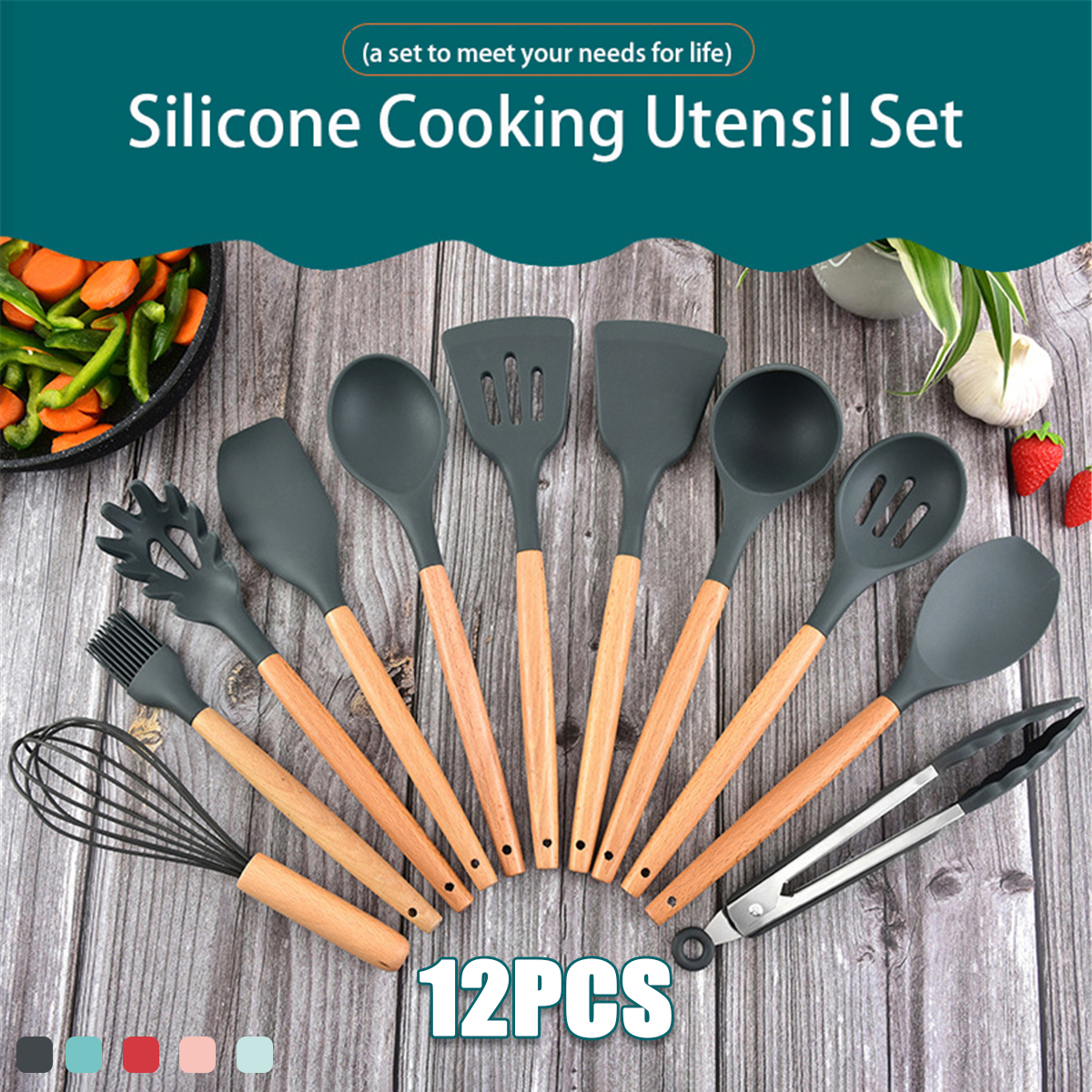 12-Pcs-Tableware-Set-Silicone-Wooden-Handle-Flatware-Spoon-Tongs-Whisk-Brush-with-Storage-Box-Outdoo-1812163-1