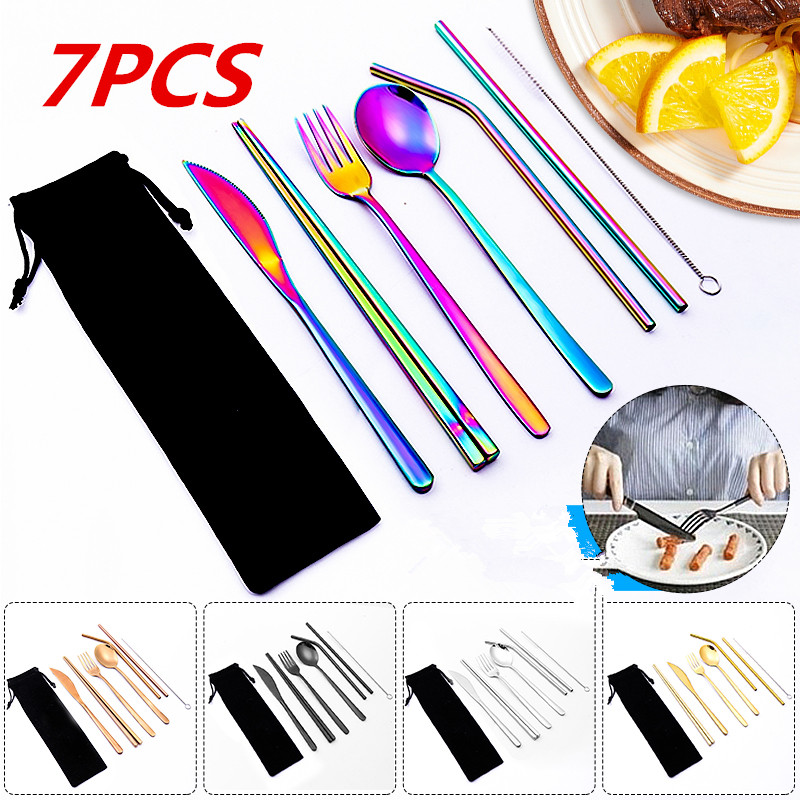 7-Pcs-Tableware-Set-Stainless-Steel-Fork-Spoon-Knife-Chopsticks-Straw-Brush-Portable-Flatware-Outdoo-1812178-1