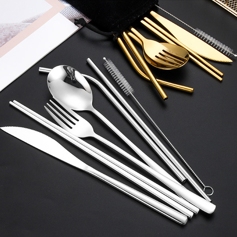 7-Pcs-Tableware-Set-Stainless-Steel-Fork-Spoon-Knife-Chopsticks-Straw-Brush-Portable-Flatware-Outdoo-1812178-9