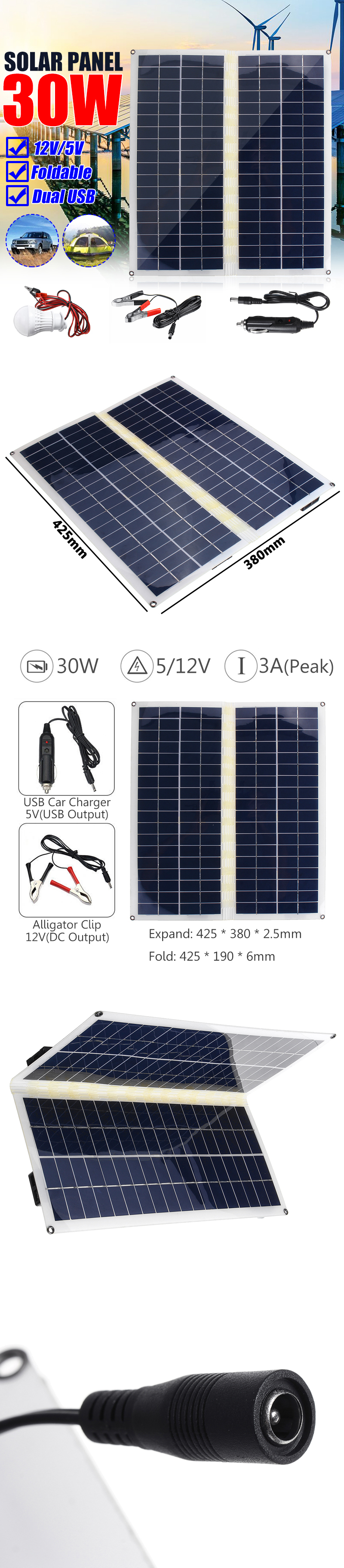 30W-Dual-USBDC-12V5V-Folding-Solar-Power-Panel-SystemCar-ChargerAlligator-ClipCamping-Light-Bulb-1534451-1