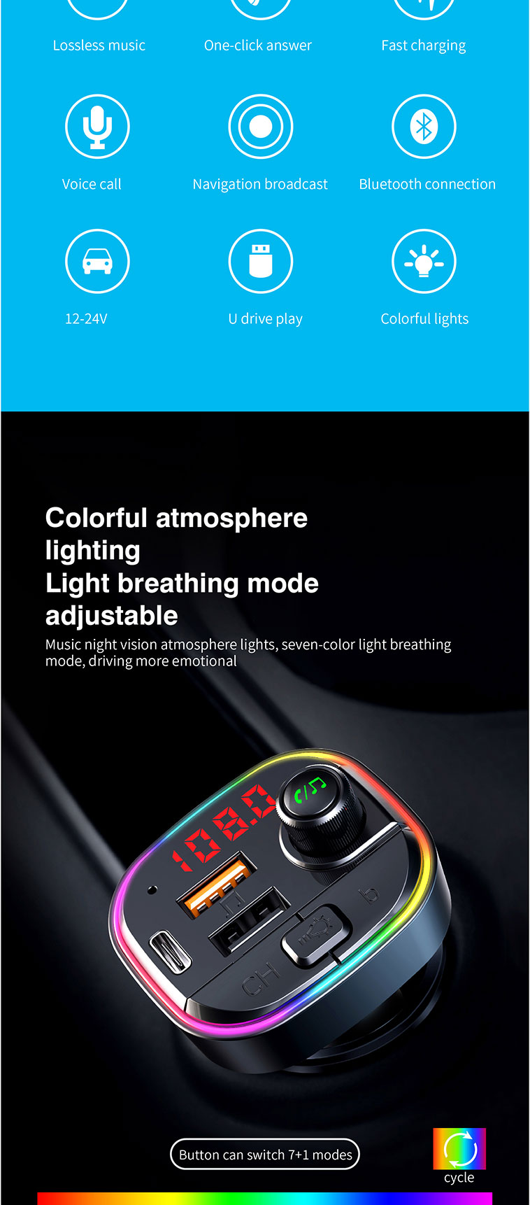 Bakeey-C13-bluetooth-V50-FM-Transmitter-18W-PD--QC30-USB-Car-Charger-7-Colors-RGB-Backlit-Light-LED--1917608-2