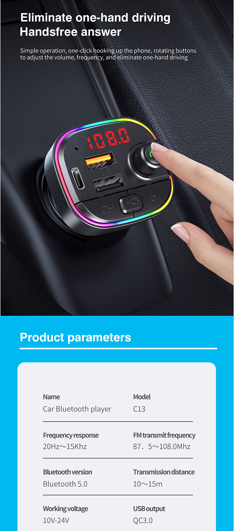 Bakeey-C13-bluetooth-V50-FM-Transmitter-18W-PD--QC30-USB-Car-Charger-7-Colors-RGB-Backlit-Light-LED--1917608-9