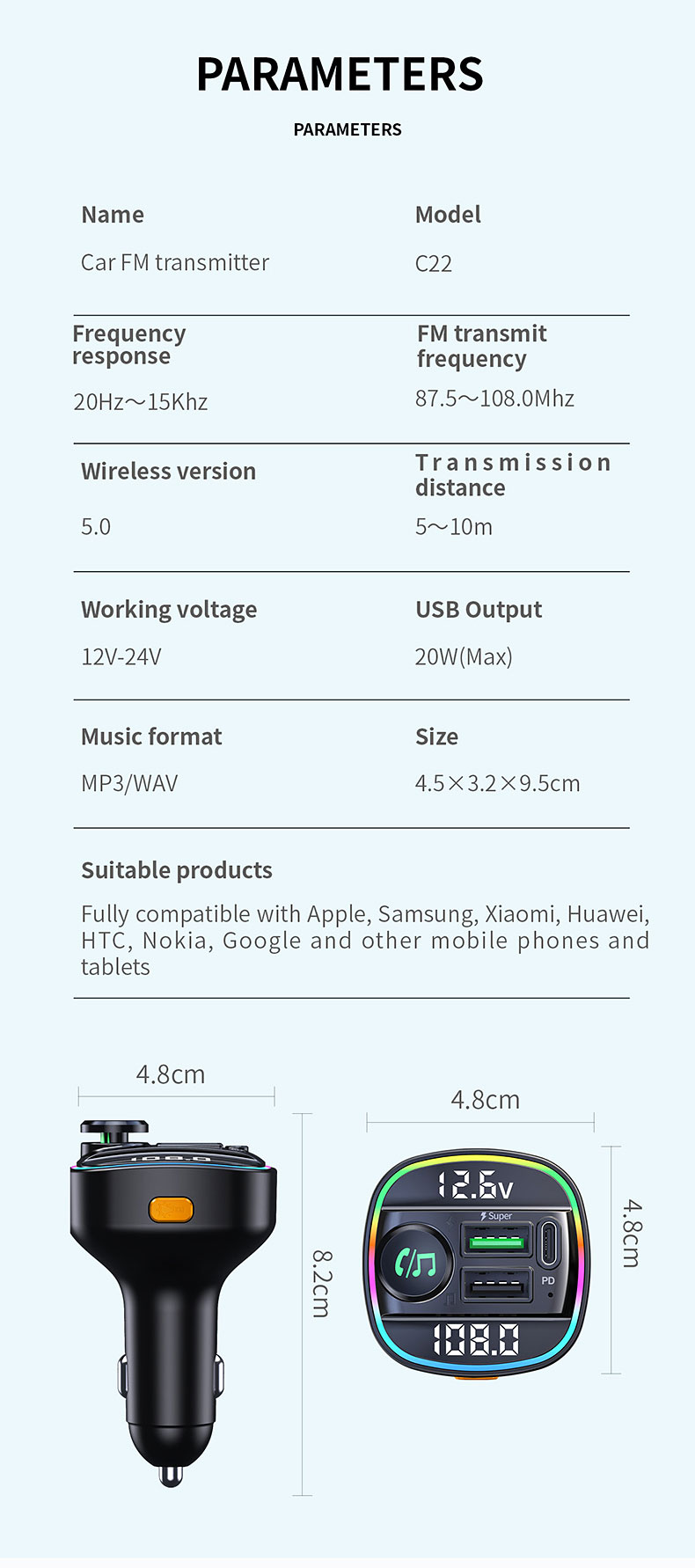 Bakeey-Dual-Display-QC30-PD20W-USB-Fast-Charging-FM-Bluetooth-Transmitter-Voltage-Detection-Wireless-1940577-11