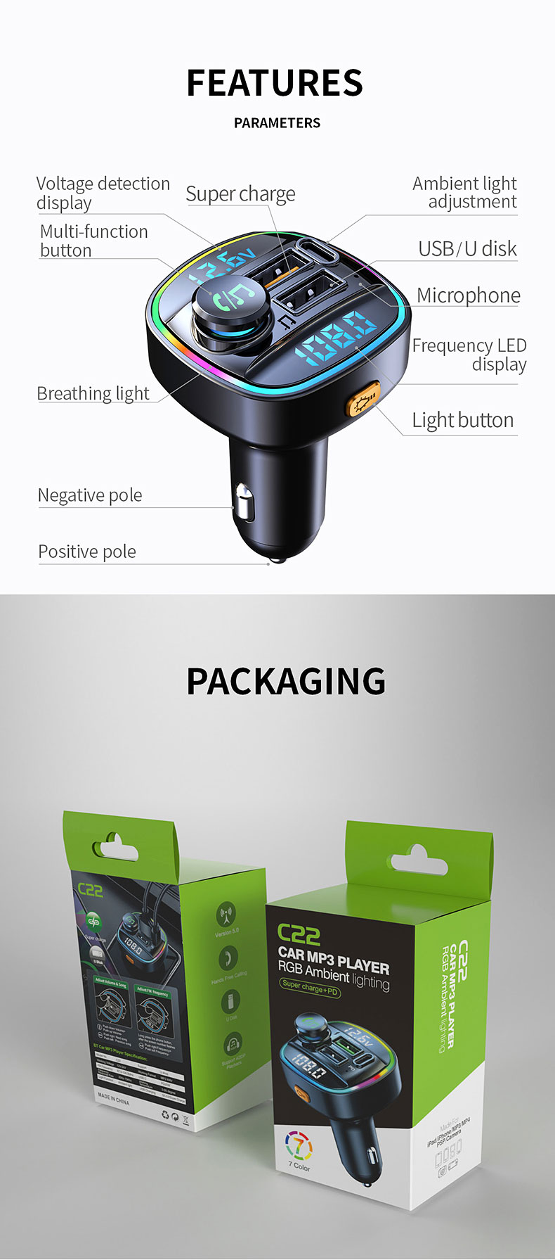 Bakeey-Dual-Display-QC30-PD20W-USB-Fast-Charging-FM-Bluetooth-Transmitter-Voltage-Detection-Wireless-1940577-12