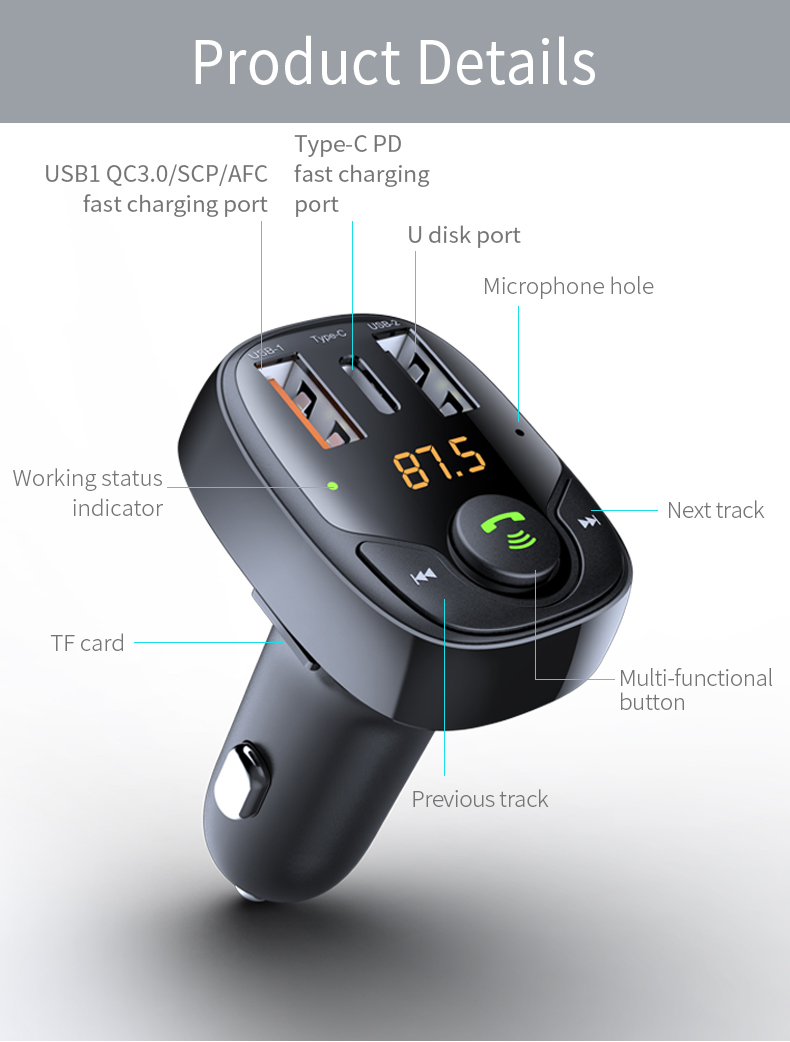 Bakeey-bluetooth-V50-FM-Transmitter-Car-Charger-Support-AFC-SCP-QC30-USB--USB-C-PD-Adapter-Fast-Char-1941228-7