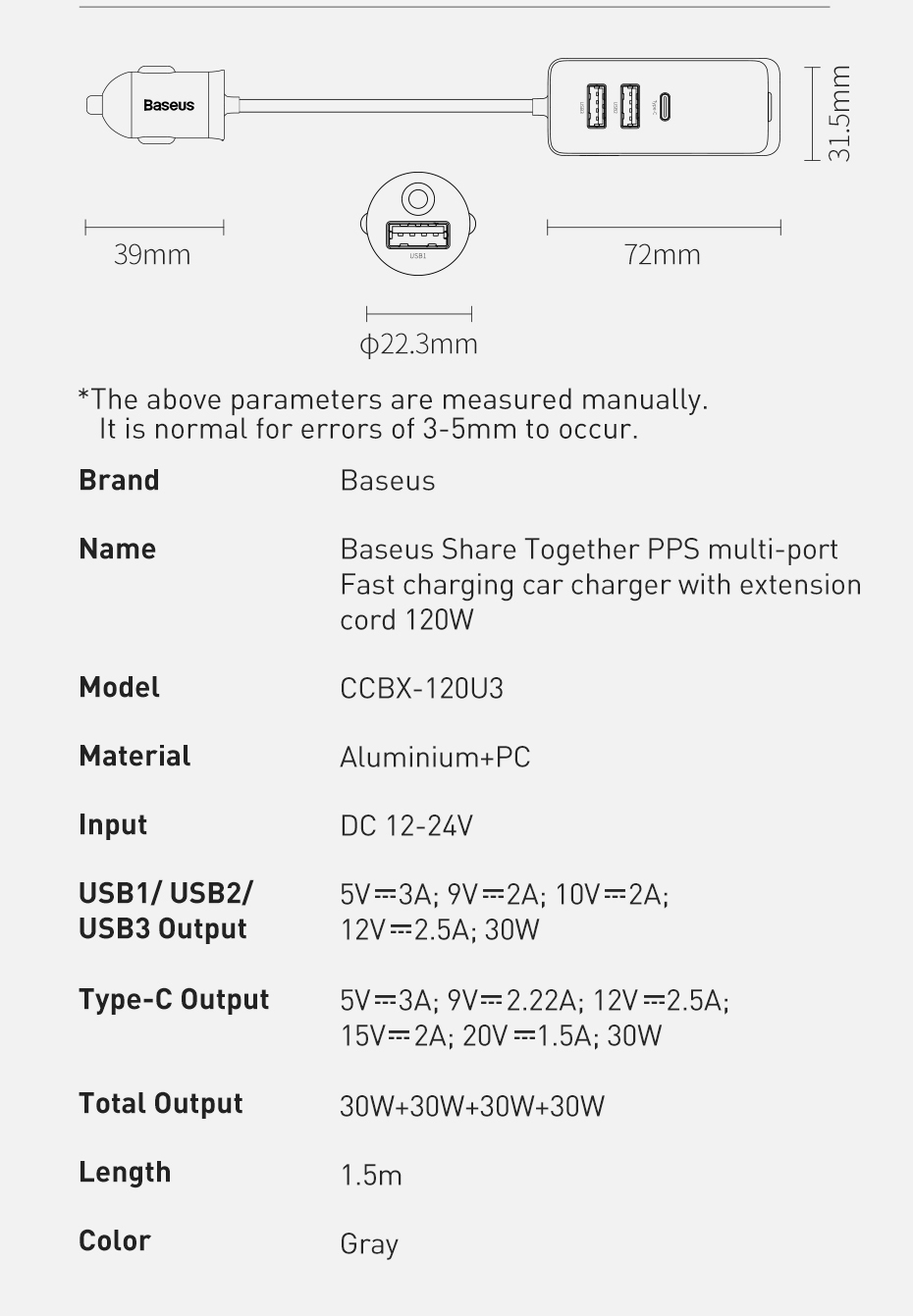 Baseus-120W-4-Port-2-USB--2-Type-C-Car-Charger-PPS-PD-QC30-FCP-AFC-Fast-Charging-15m-Long-Cable-1850920-21