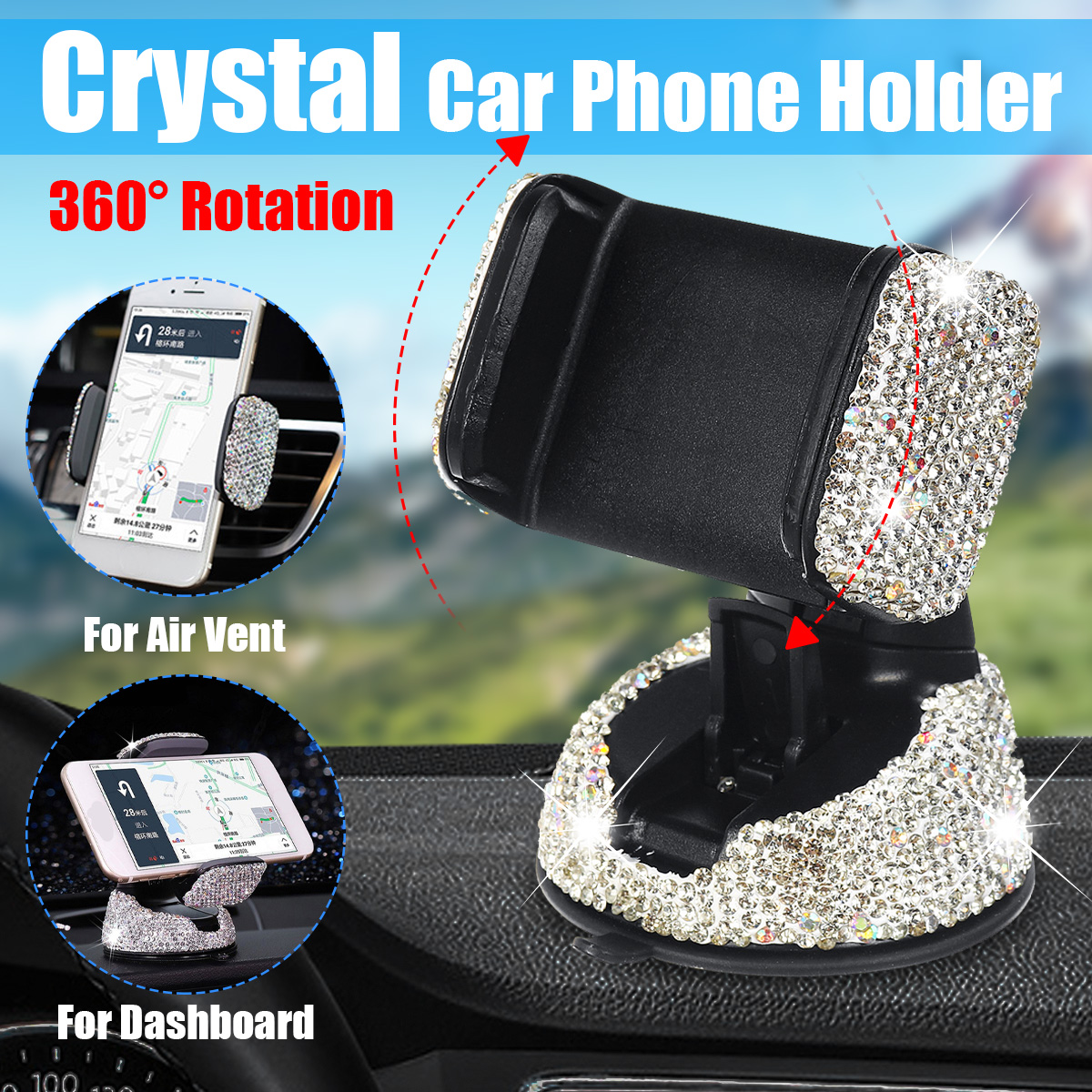 Bakeey-H16201-Car-Phone-Holder-360deg-Rotatable-Adjustable-Clamp-rhinestones-crystal--Holder-for-Air-1812265-1