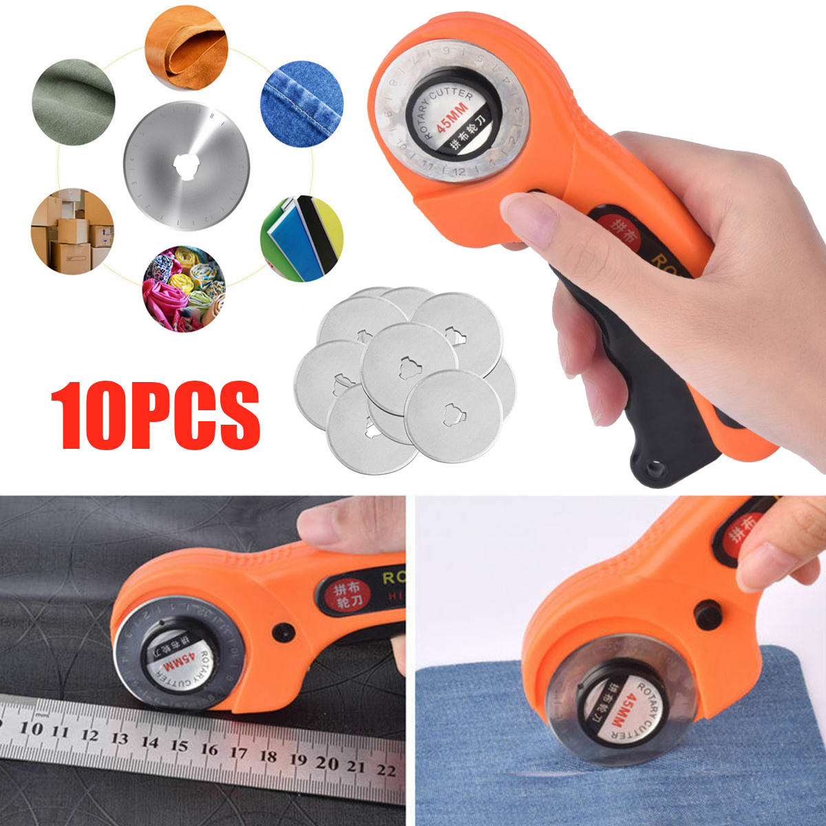 45mm-Round-Rotary-Cutter-Sewing-Quilting-Roller-Fabric-Cutting-Tool--10x-Bllades-1680572-1