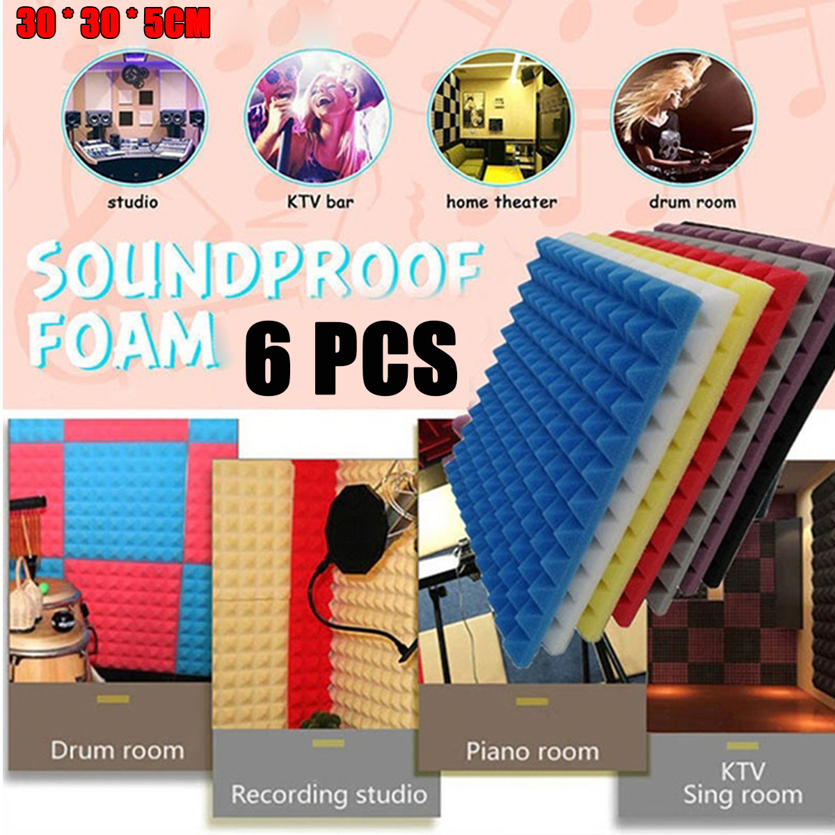 6Pcs-Acoustic-Panels-Tiles-Studio-Soundproofing-Insulation-Closed-Cell-Foam-1761605-1
