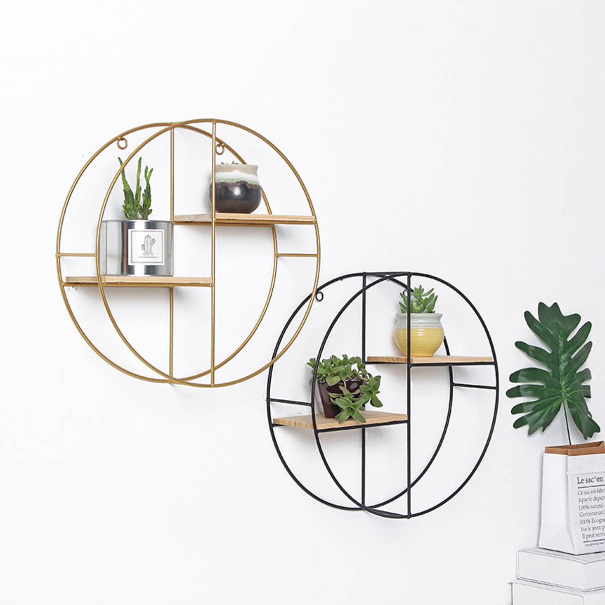 Wood-Metal-Wall-Mounted-Shelf-Storage-Rack-Display-Shelves-Living-Room-Decor-BlackGold-1760174-4