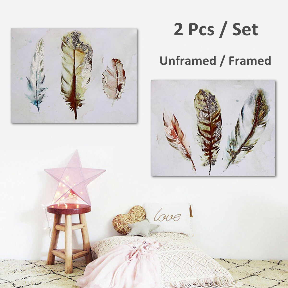 2Pcs-Watercolour-Feather-Canvas-Print-Paintings-Pretty-Wall-Art-Picture-Home-Gift-1639622-1