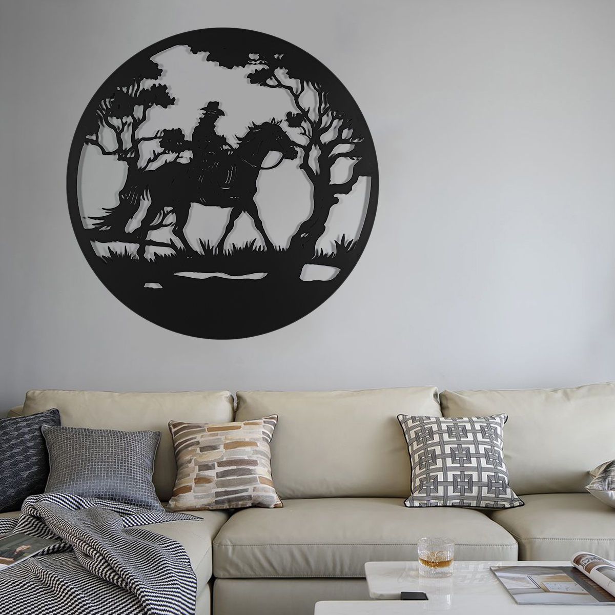 Man-Riding-Horse-In-Forest-Round-Black-Metal-Wall-Hanging-Art-Decoration-Room-1794308-1