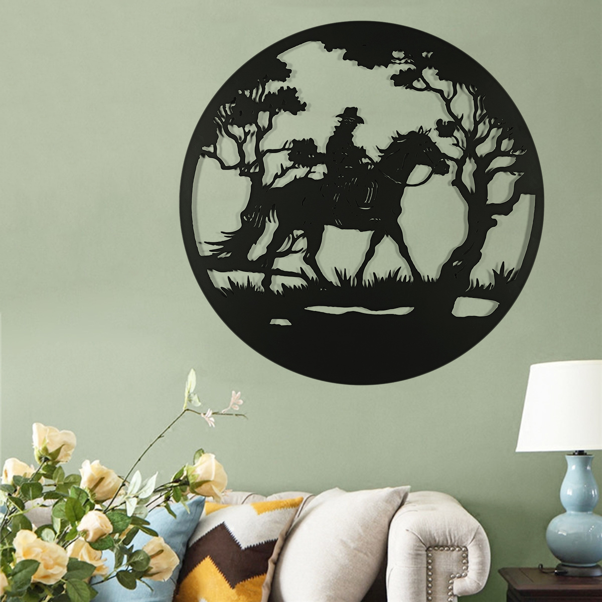 Man-Riding-Horse-In-Forest-Round-Black-Metal-Wall-Hanging-Art-Decoration-Room-1794308-2