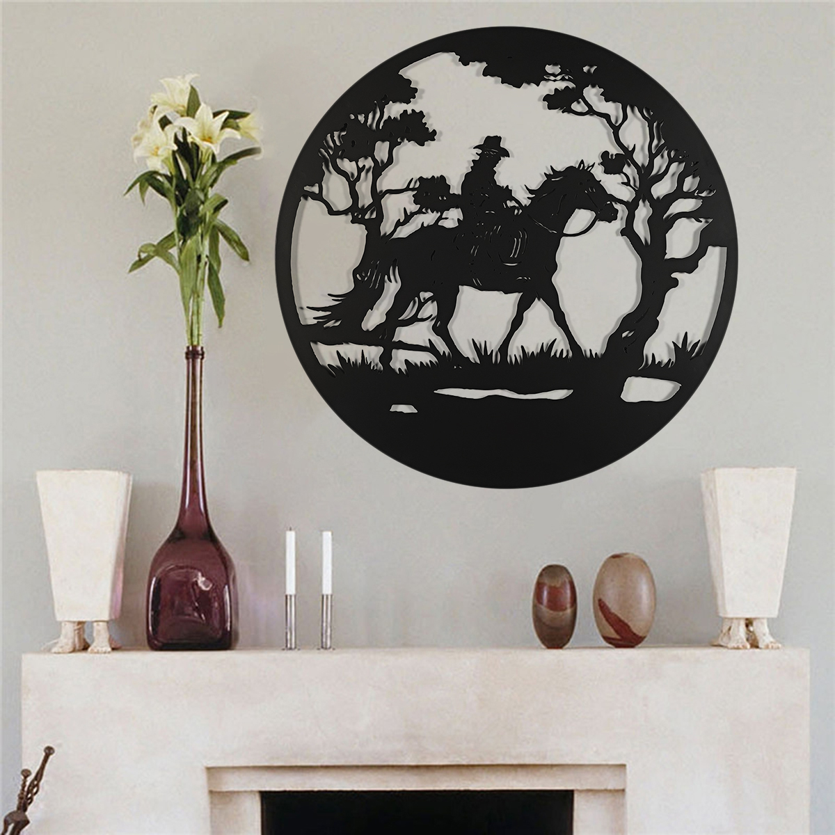 Man-Riding-Horse-In-Forest-Round-Black-Metal-Wall-Hanging-Art-Decoration-Room-1794308-3