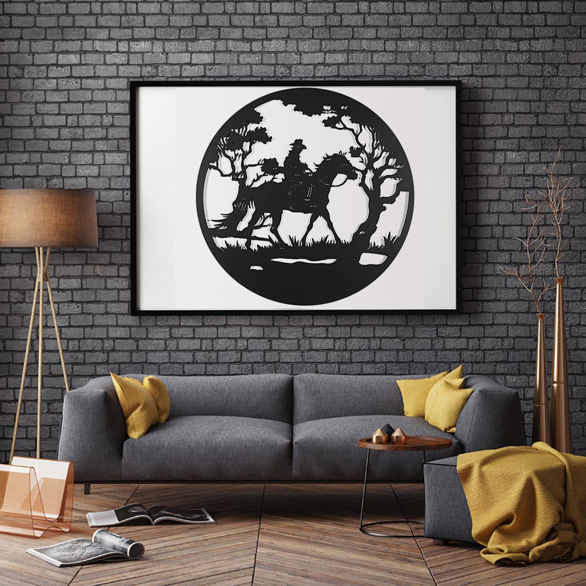 Man-Riding-Horse-In-Forest-Round-Black-Metal-Wall-Hanging-Art-Decoration-Room-1794308-4