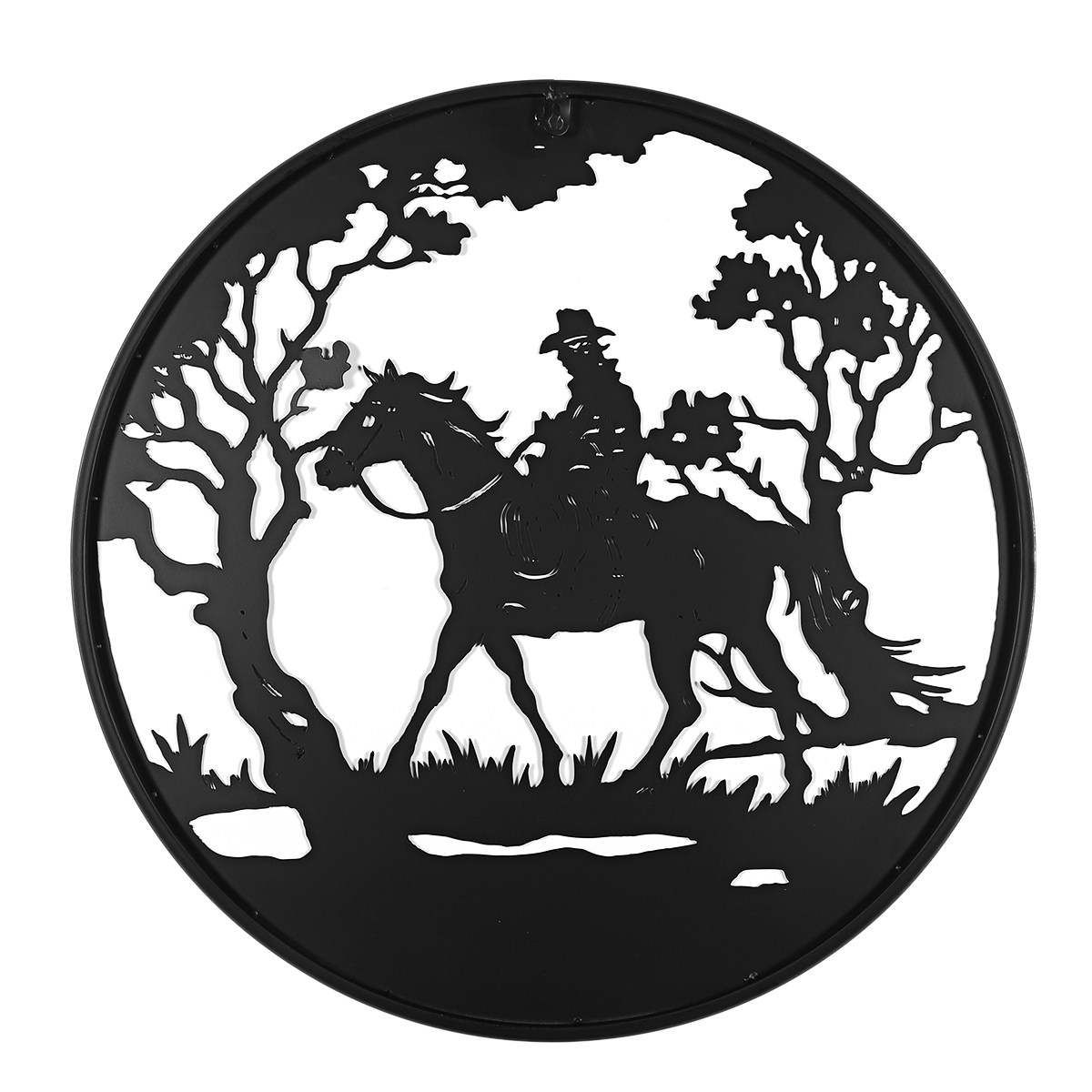 Man-Riding-Horse-In-Forest-Round-Black-Metal-Wall-Hanging-Art-Decoration-Room-1794308-6