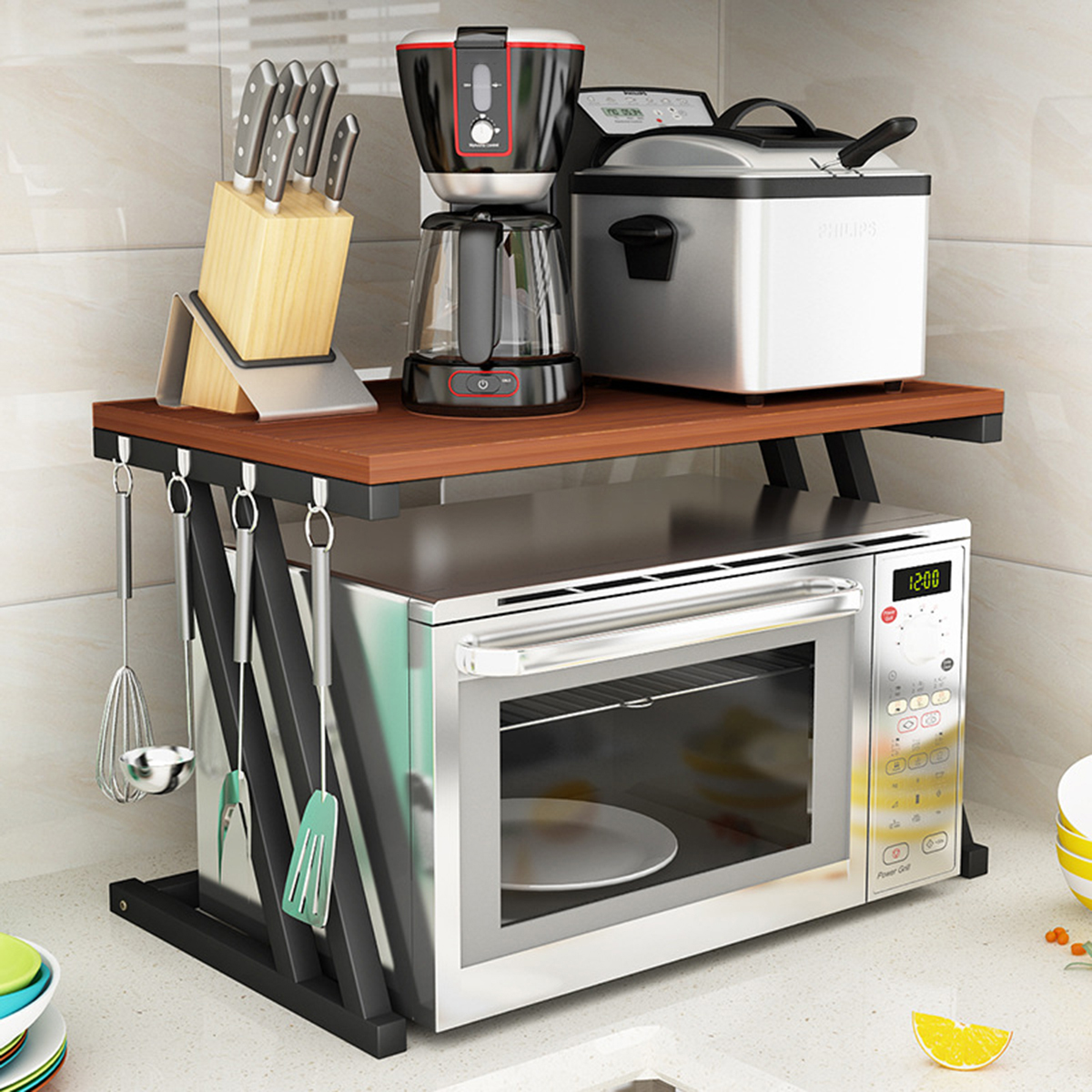 2-Tier-Kitchen-Baker-Rack-Microwave-Oven-Stand-Storage-Cart-Workstation-Shelf-Desktop-Organizer-1633559-2