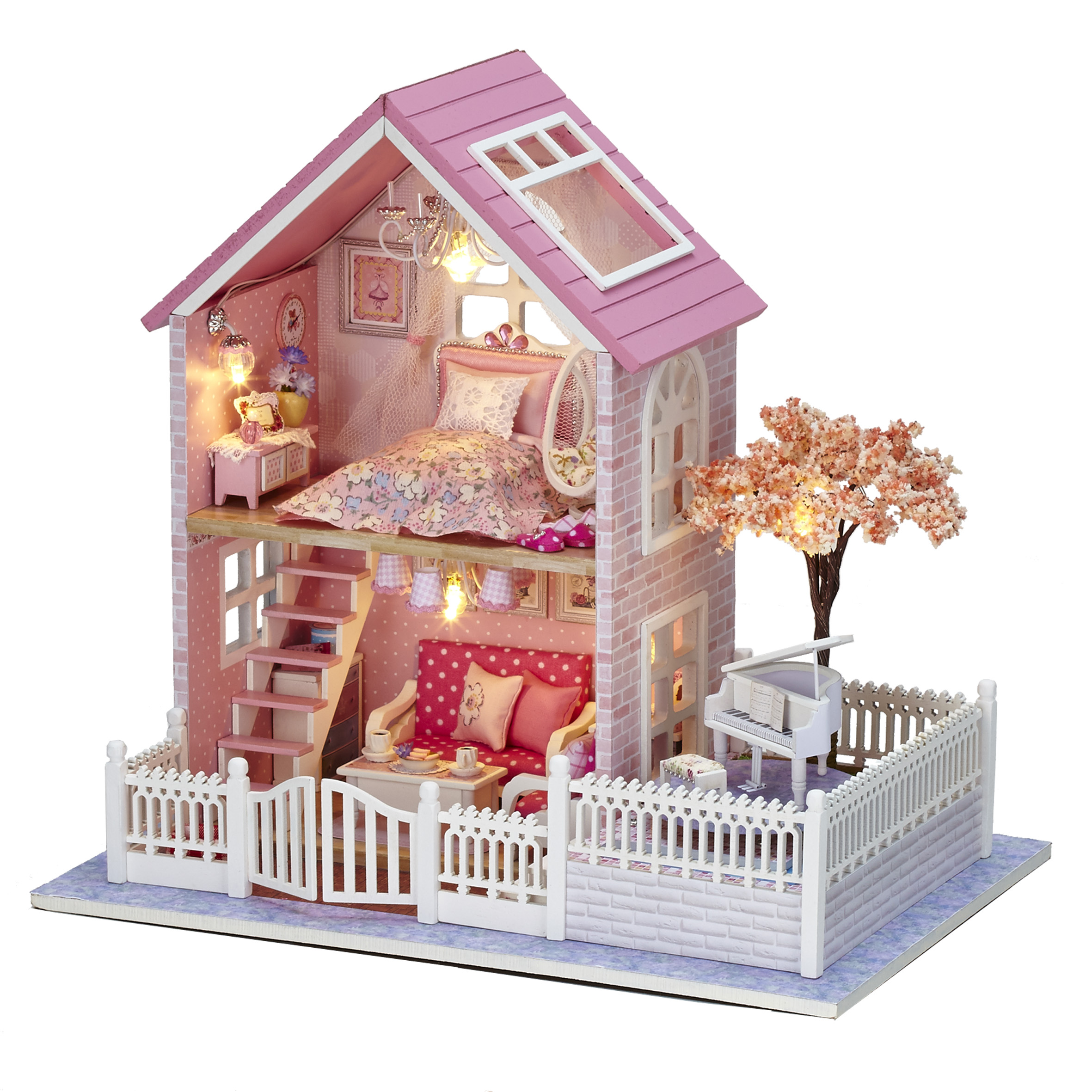 Cuteroom-124-DIY-Wooden-Dollhouse-Pink-Cherry-Handmade-Decorations-Model-with-LED-LightMusic-Birthda-1068341-2