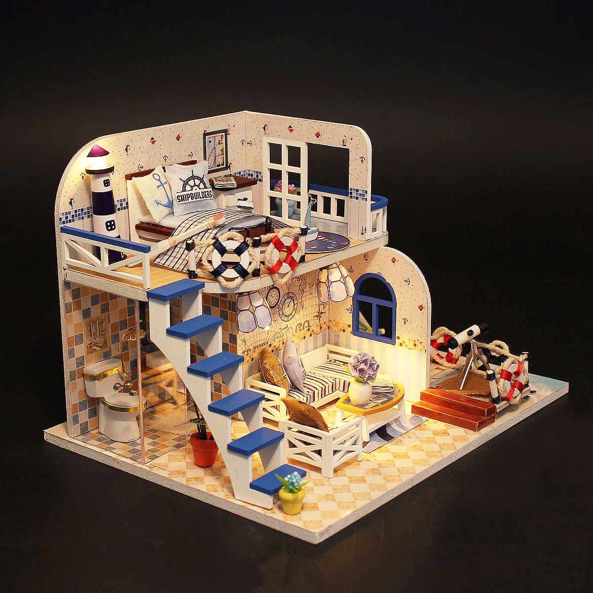 DIY-LED-Light-Coastal-Villa-Doll-House-Miniatures-Furniture-Gift-Kit-1322540-2