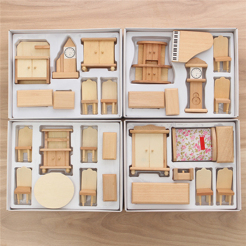 New-29-Pcs-124-Scale-Dollhouse-Miniature-Unpainted-Wooden-Furniture-Model-Suite-1122653-1