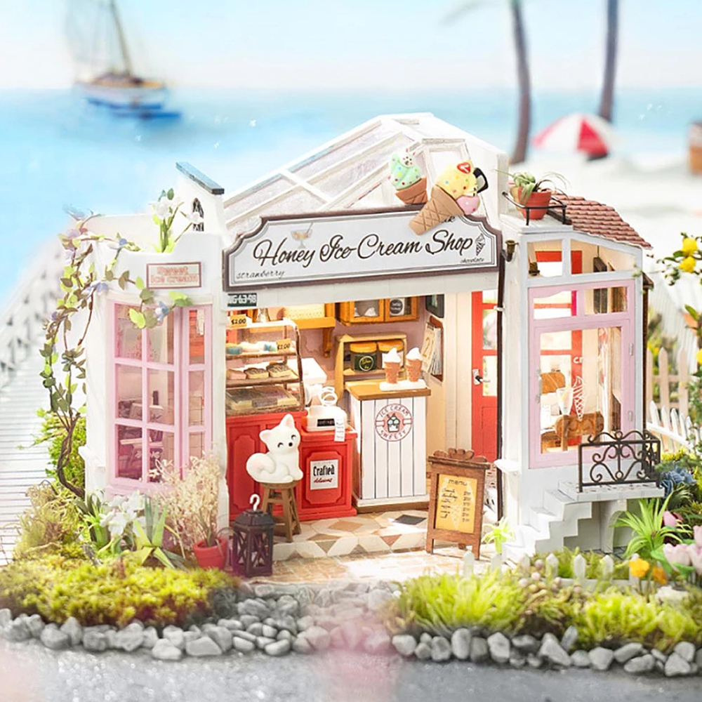 Robotime-Rolife-Wooden-Flowery-Ice-Cream-Shop-DIY-Handmade-Miniature-Doll-House-with-Furnitures-LED--1905066-2