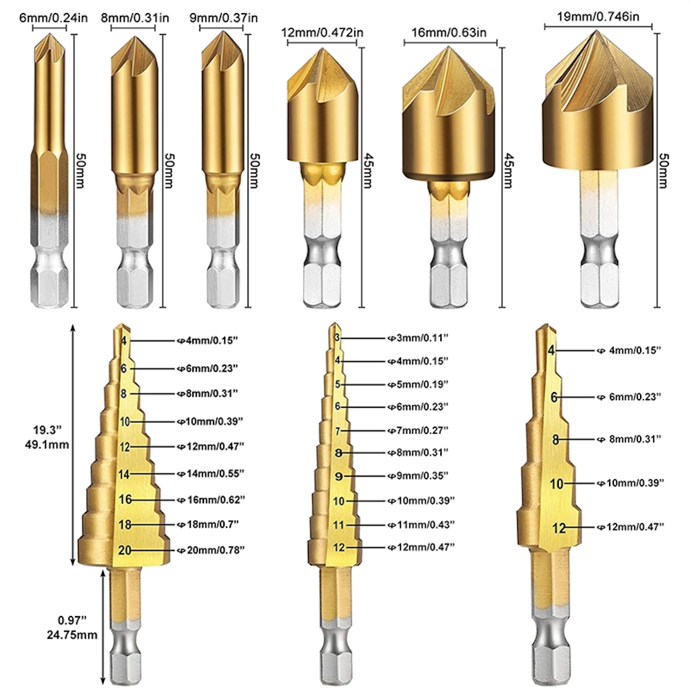 10pcs-Step-Drill-Bit-Set-14-Inch-Hex-Shank-5-Flute-Countersink-Drill-Bit-Set-with-Automatic-Center-P-1836271-4