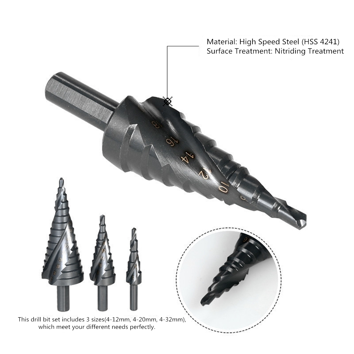 3pcs-4-122032mm-HSS-Step-Drill-Bits-Set-Spiral-Grooved-Hole-Cutter-1167892-4