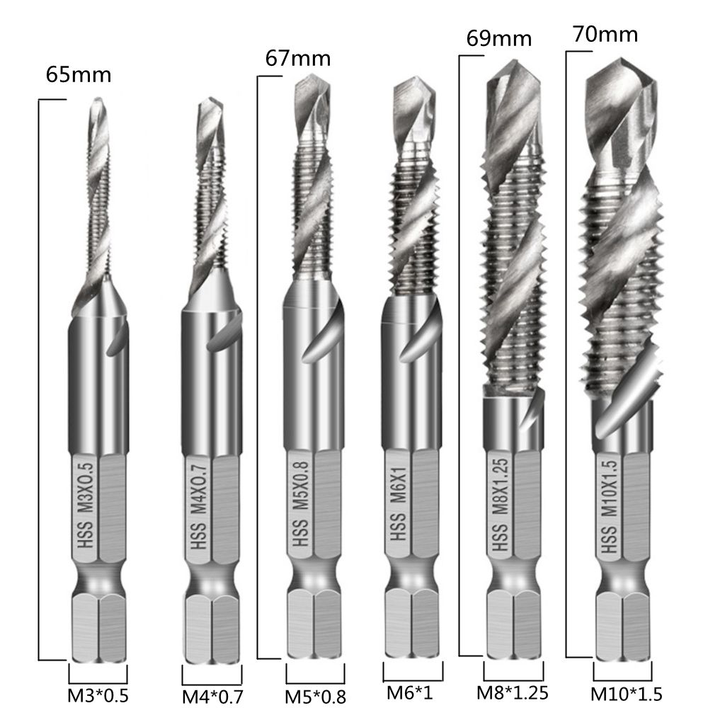 6Pcs-14-Inch-M3-M10-Screw-Tap-HSS-Combination-Drill-Tap-Bit-Set-Hex-Shank-Deburr-Countersink-Bits-1803527-5