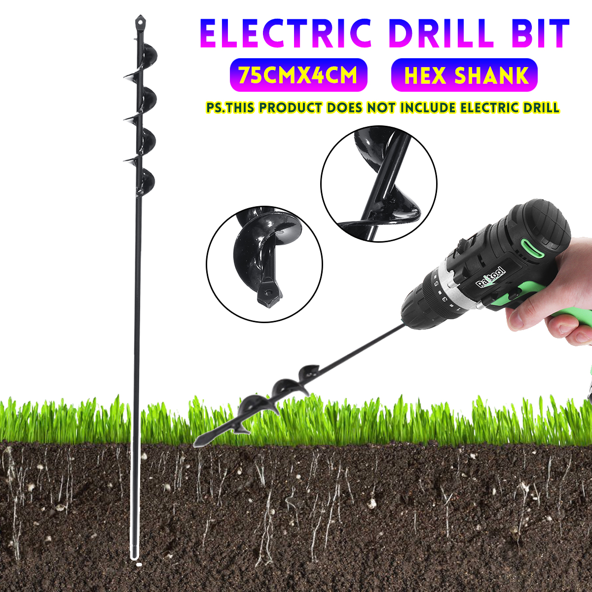 75cmx4cm-Electric-Auger-Drill-Bit-Digs-Hole-Hex-Shank-Black-For-Garden-Loose-Soil-1622336-1