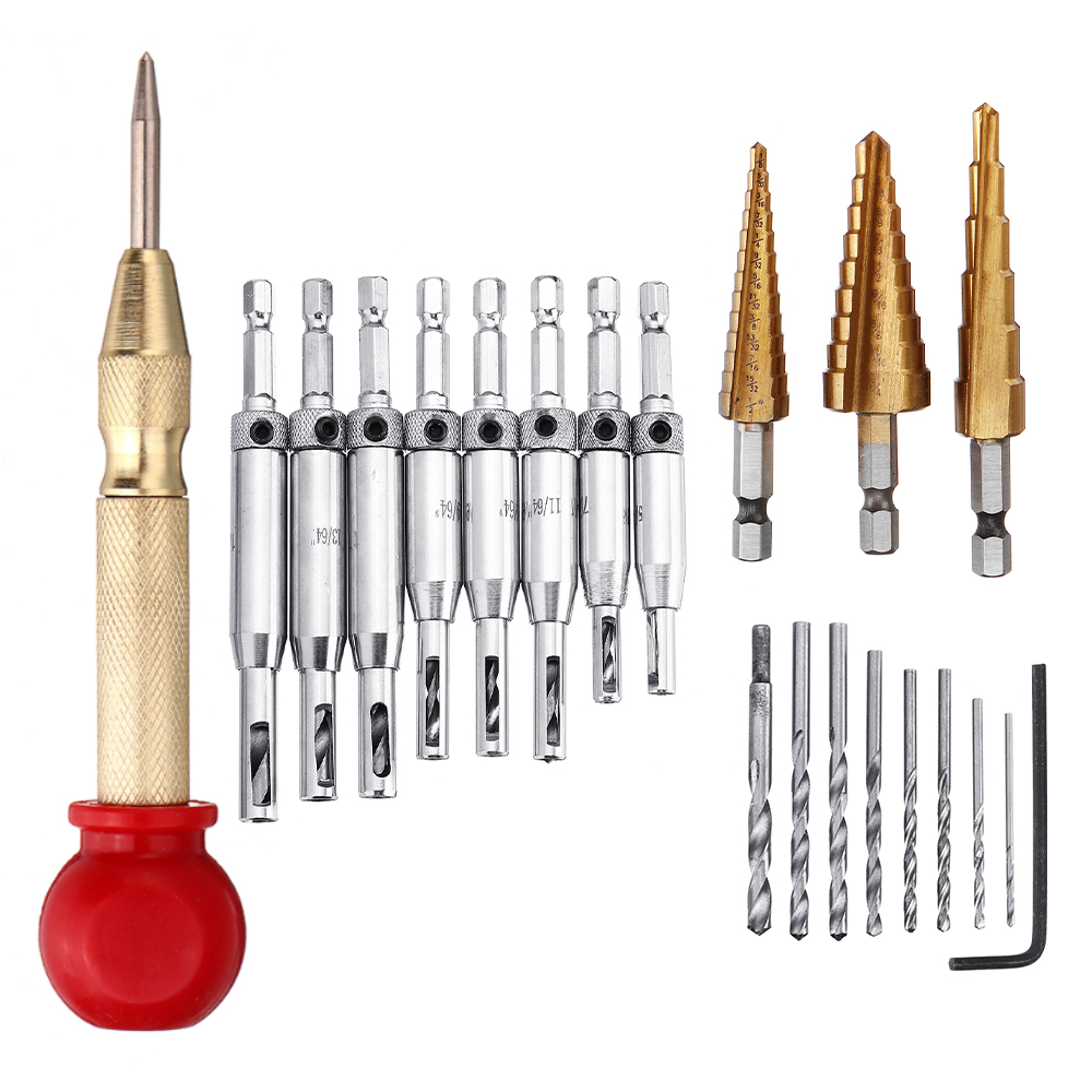 Drillpro-21Pcs-Self-Centering-Hinge-Tapper-Core-Drill-Bit-Step-Drill-Set-with-Automatic-Center-Punch-1644920-1