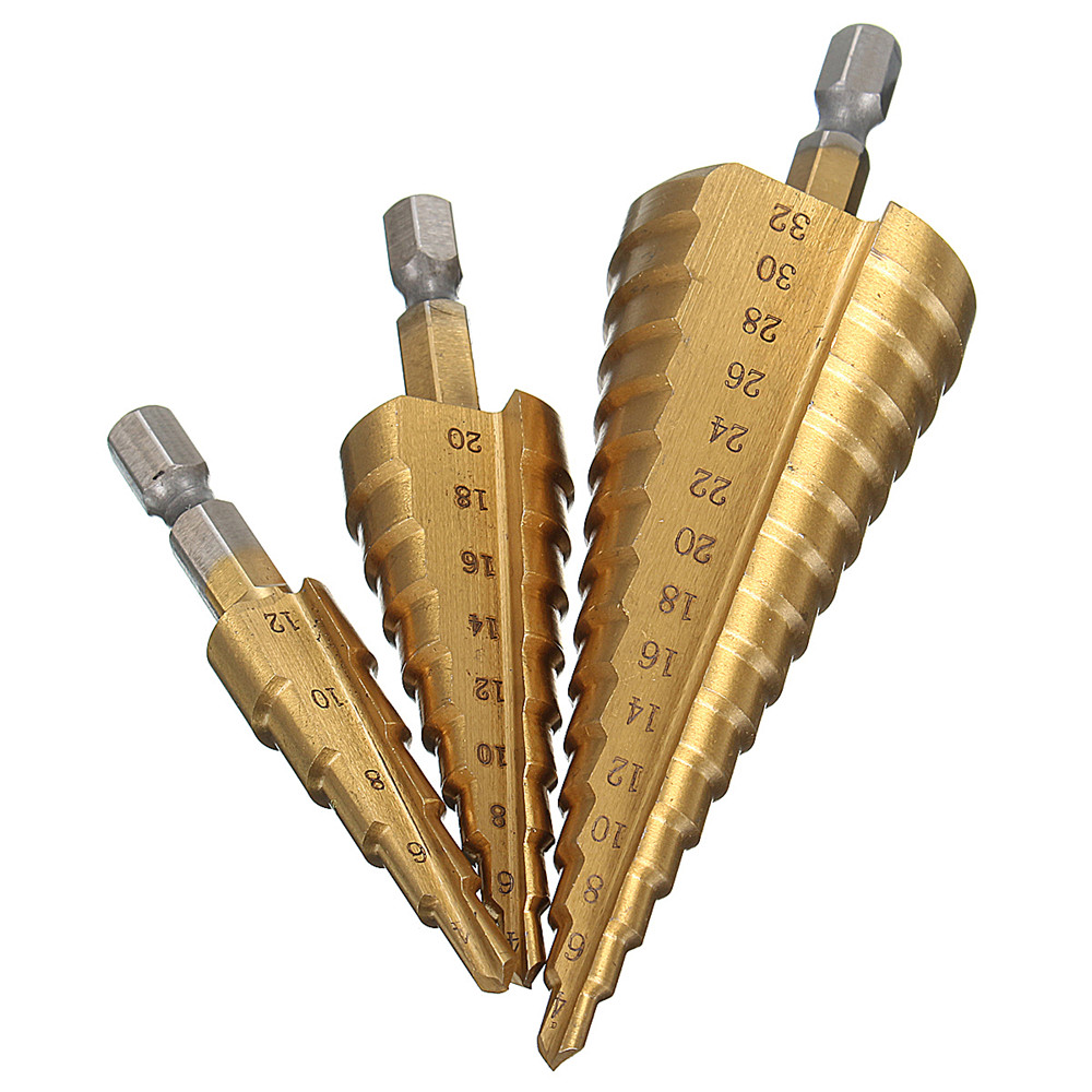 Drillpro-3pcs-4-122032mm-HSS-Titanium-Step-Cone-Drill-Bit-Hex-Shank-Hole-Cutter-1106952-4