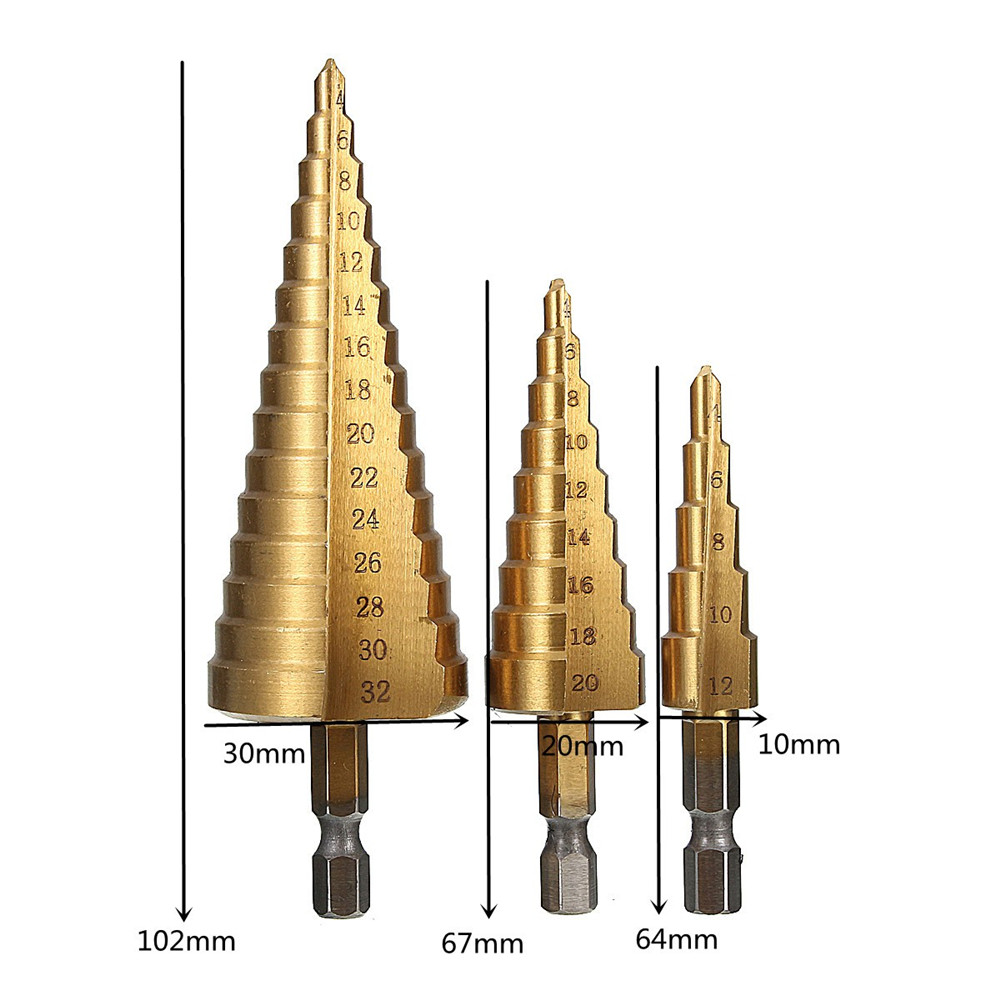 Drillpro-3pcs-4-122032mm-HSS-Titanium-Step-Cone-Drill-Bit-Hex-Shank-Hole-Cutter-1106952-9