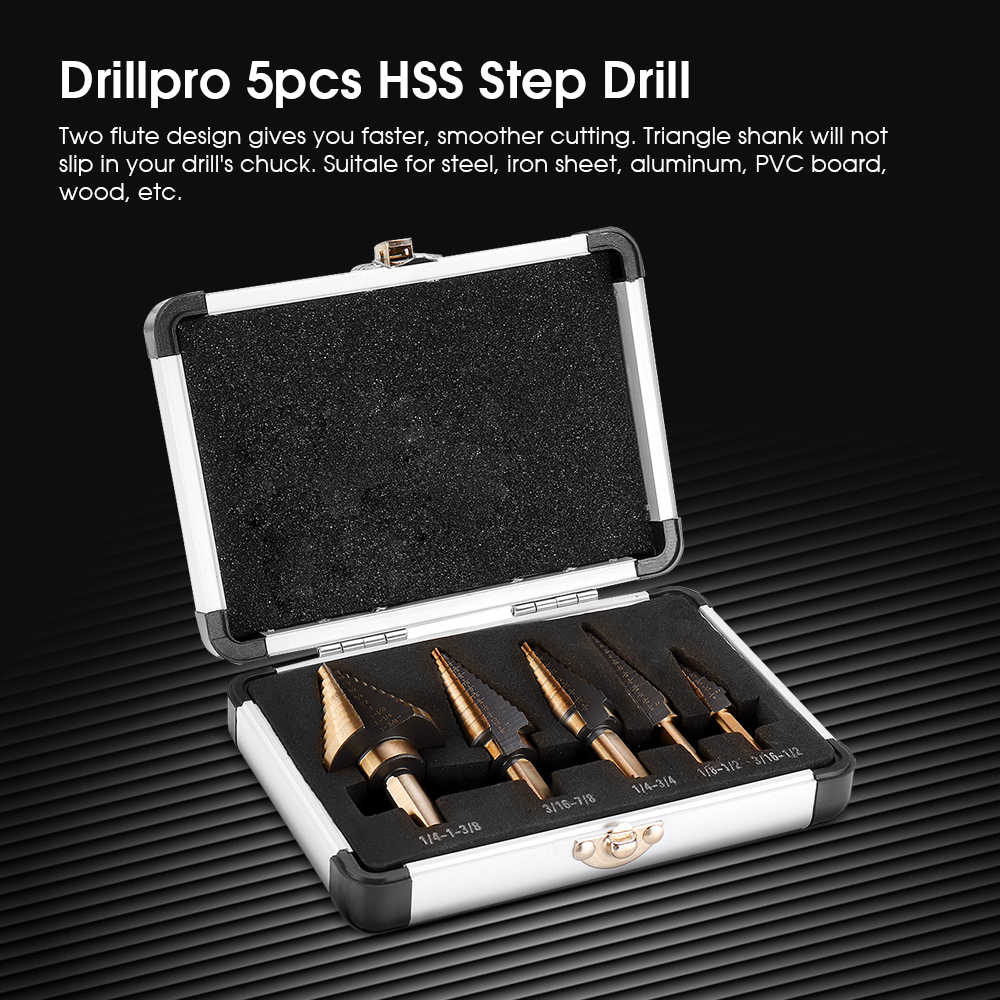 Drillpro-5pcs-HSS-Step-Drill-Bit-Set-Hole-Cutter-Drilling-Tool-Multiple-Hole-50-Sizes-with-Aluminum--967090-1