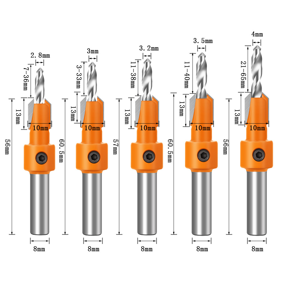 Drillpro-8mm-Shank-HSS-Woodworking-Countersink-Drill-Router-Bit-28x8-to-4x10mm-Carbide-Tip-Screw-Ext-1715814-2