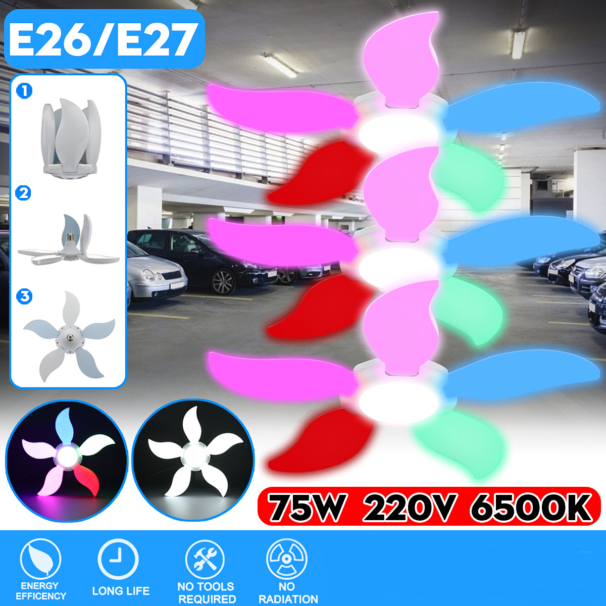 AC220V-E26E27-White-Colorful-Five-Leaves-140LED-Garage-Light-Bulb-Foldable-Mining-Workshop-Supermark-1615987-1